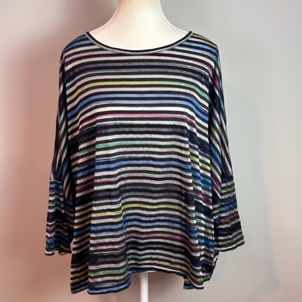 cut loose womens semi sheer multi colored striped dolman sleeve relaxed top OSFM